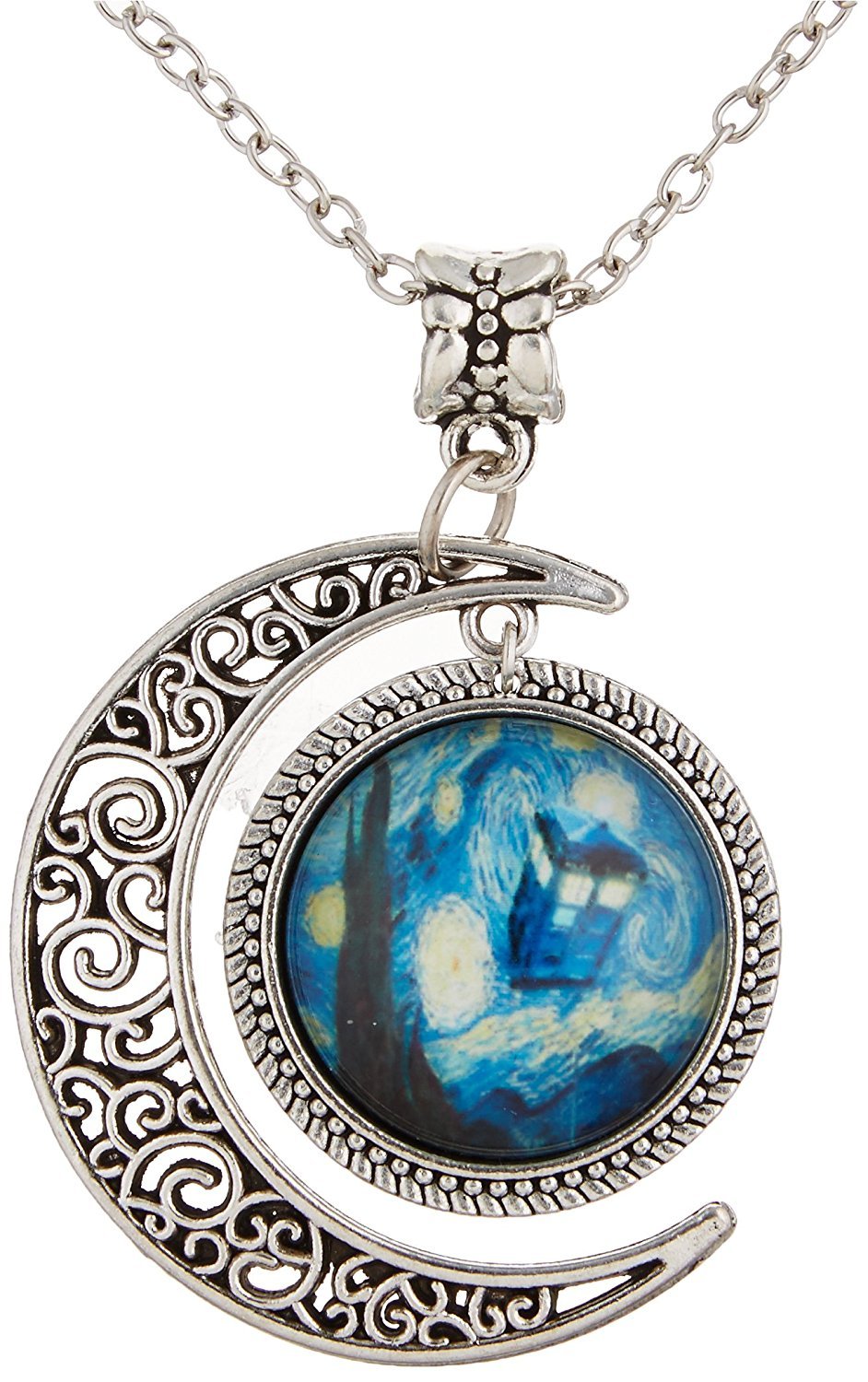 Moon Pendant Tardis Doctor Who Starry Night Necklace Van Gogh Jewelry Personalized Necklaces Gift