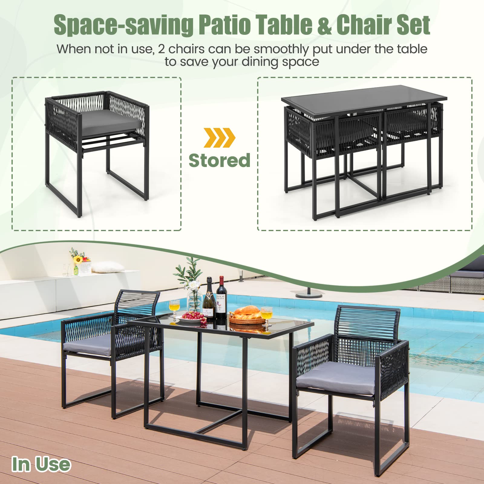 GIANTEX Set Mobili da Esterno a 3 Pezzi, 2 Sedie in Rattan Intrecciato con Schienale Pieghevole e Cuscini, Set Tavolo Rettangolare da Pranzo per Patio, Giardino e Balcone