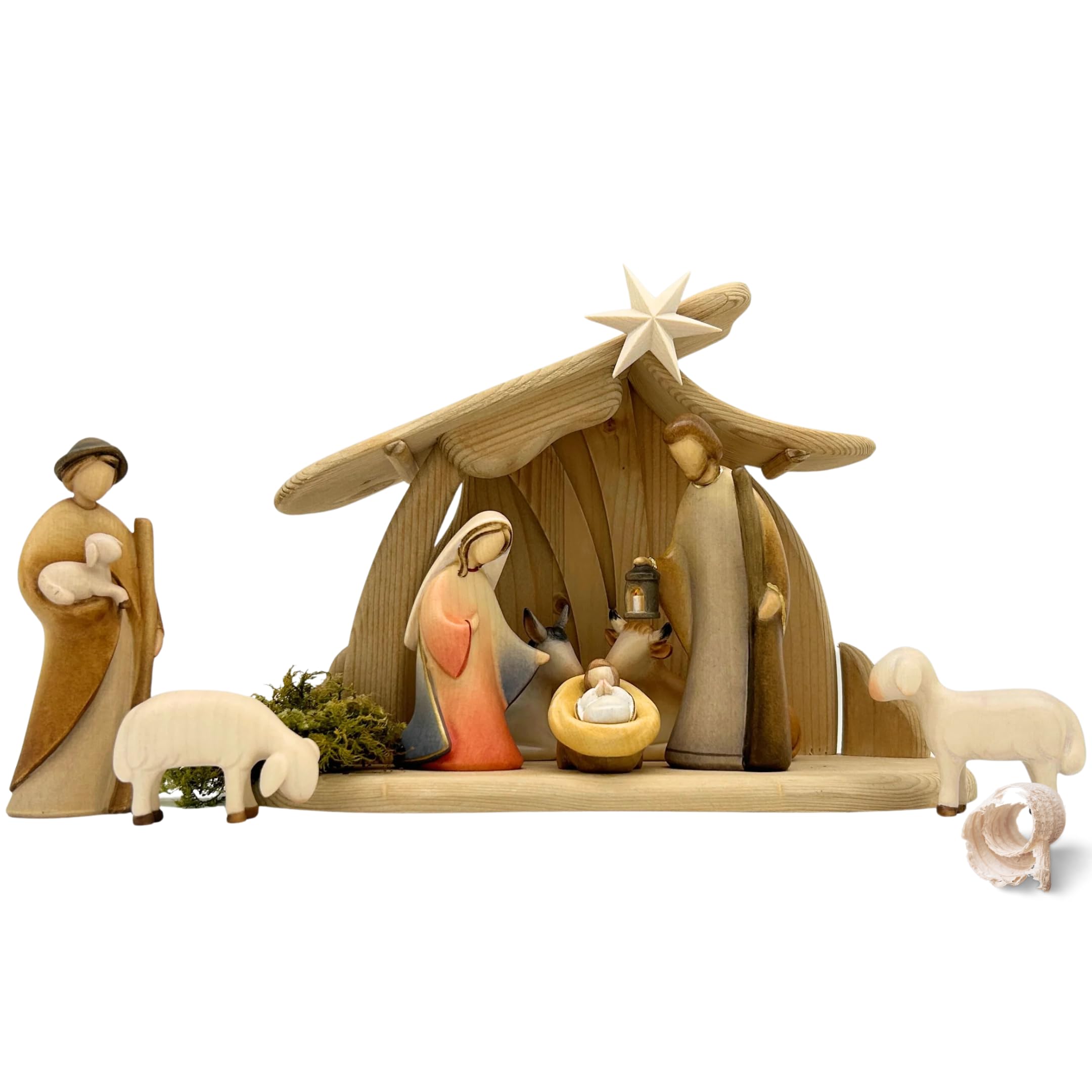 Akantus Leonardo Weihnachtskrippe aus Holz: 8er Set mit Stall HL.Nacht klein bemalt (13 cm)