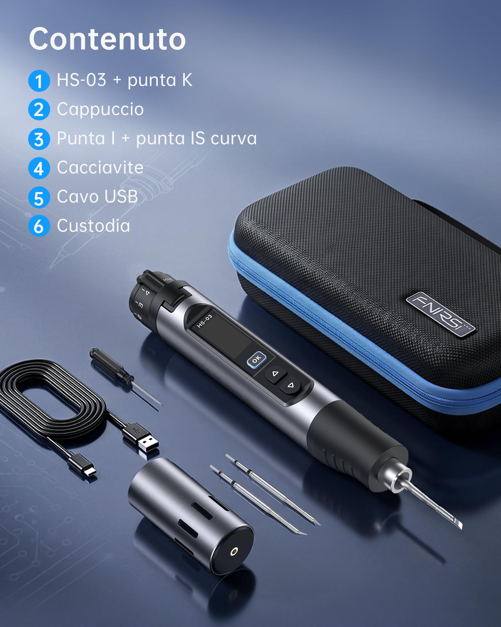 FNIRSI HS-03 Kit Saldatore a Batteria, Saldatore Portatile Senza Fili con Batteria 2600mAh, 100–450°C, Riscaldamento Rapido 3s, 5 Livelli Temperatura, Display IPS 0,96", per Elettronica, DIY, PCB