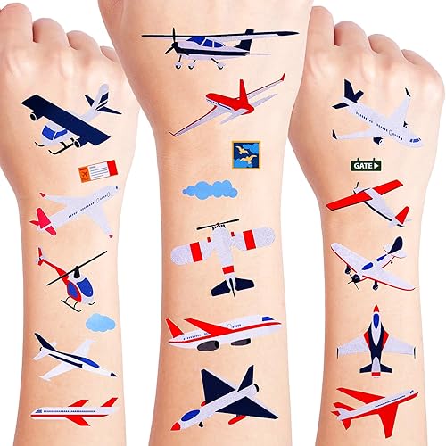 24 hojas de tatuajes temporales de avión, decoraciones de cumpleaños, recuerdos de fiesta de avión