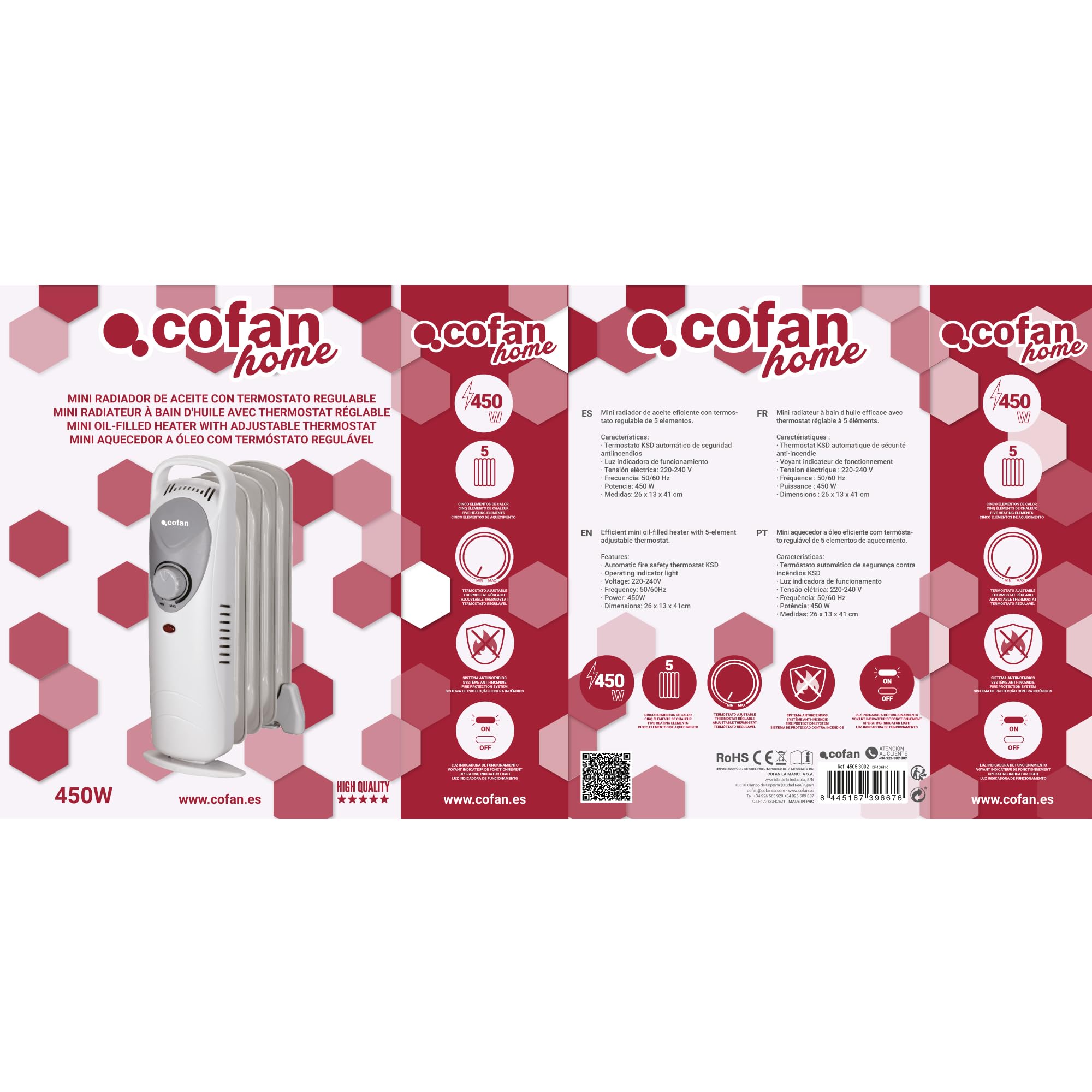 Cofan "MINI" radiador de aceite | Potencia: 450 W | Termostato regulable | Seguridad antiincendios | Color: blanco | Medidas 26 x 13 x 41 cm