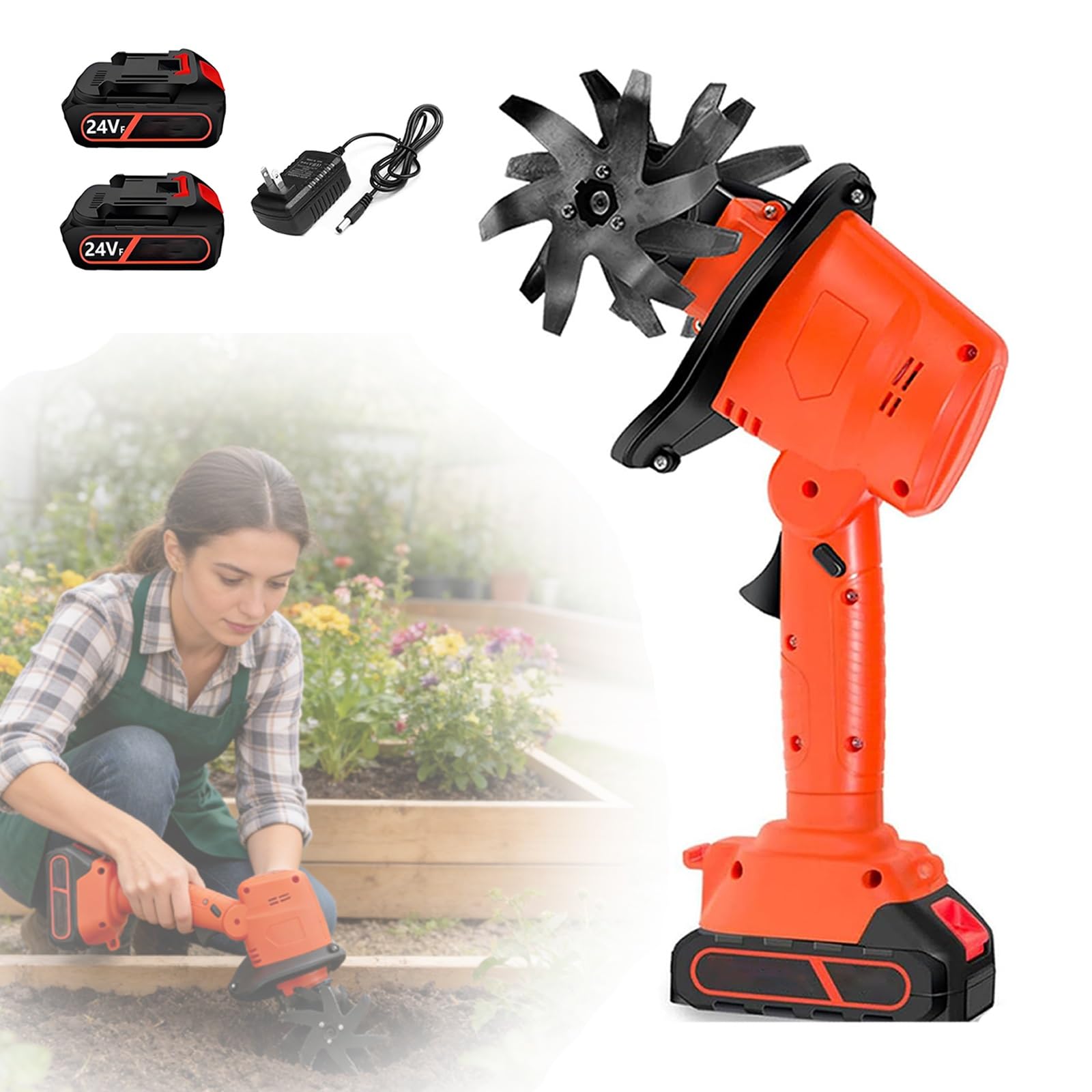Motobineuse Électrique, Cultivateur de Jardin 24V sans Fil – 4 Lames 10 cm, Profondeur 10 cm, 235 RPM – Version avec 2 Batteries 1500mAh – Motoculteur Batterie pour Potager et Sol(A)