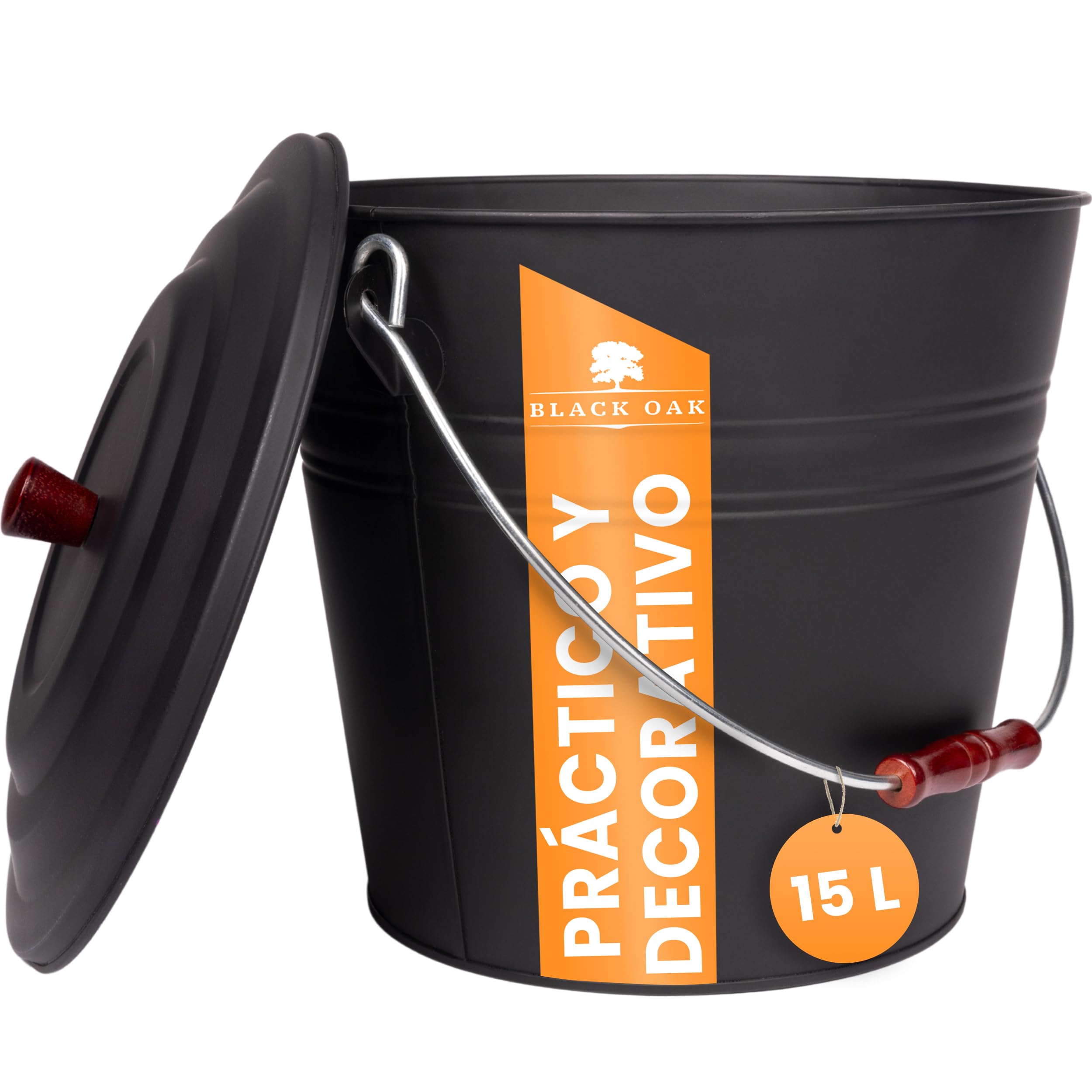 BLACK OAK KATLA - Cubo de cenizas (15 L, tapa negra con botón de madera, grande, 15 L, acero galvanizado, recubrimiento en polvo, cenizas y carbón, accesorio ideal para chimenea, estufa de azulejos,