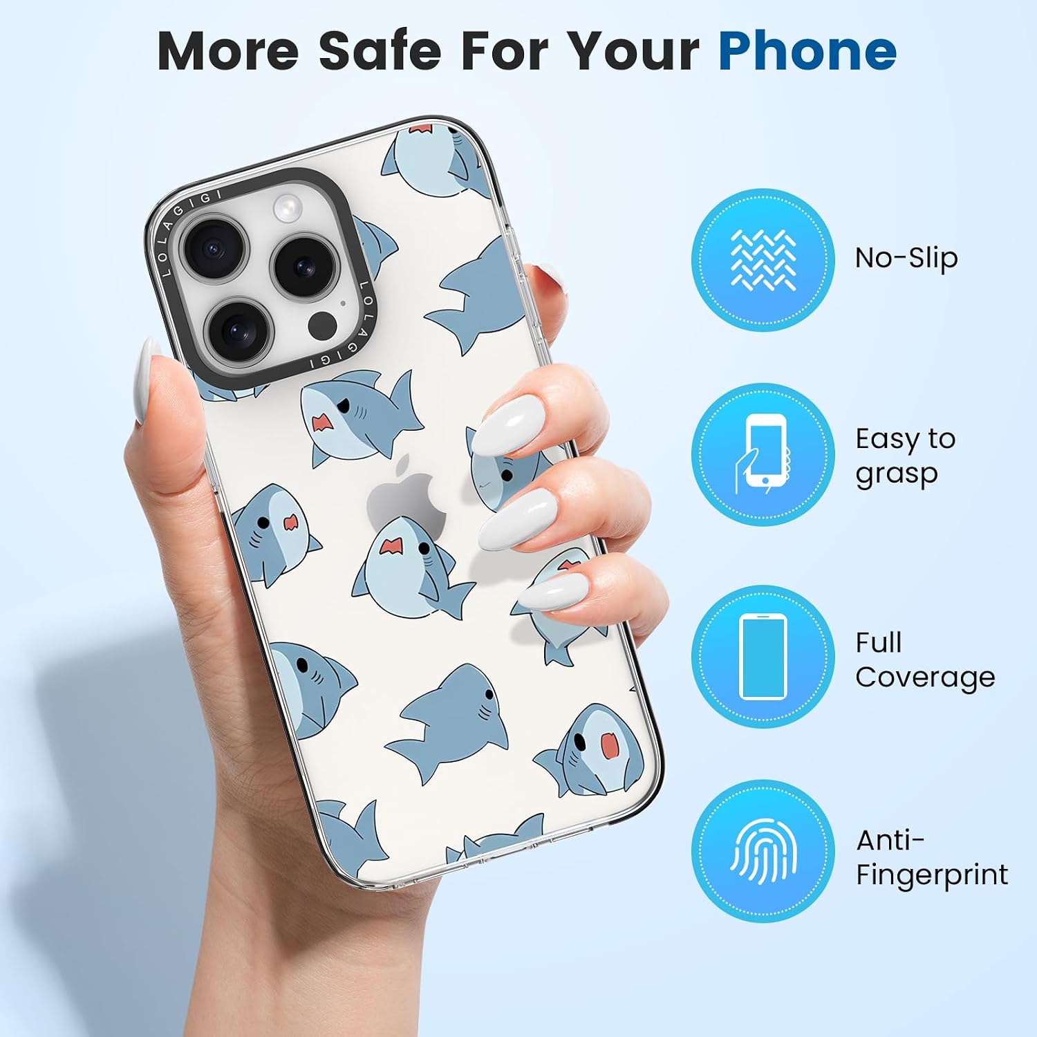 Case for iPhone 16 Pro Cute Blue Sharks Kawaii Funny Cartoon image 3