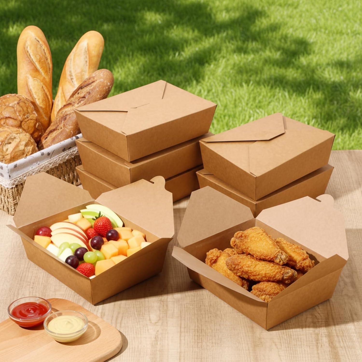 50 Pack 91 oz Large Take out Food Containers Microwaveable Kraft Brown to Go Boxes Disposable Paper Take out Boxes Leak and Grease Resistant Paperboard for Restaurant Household Party