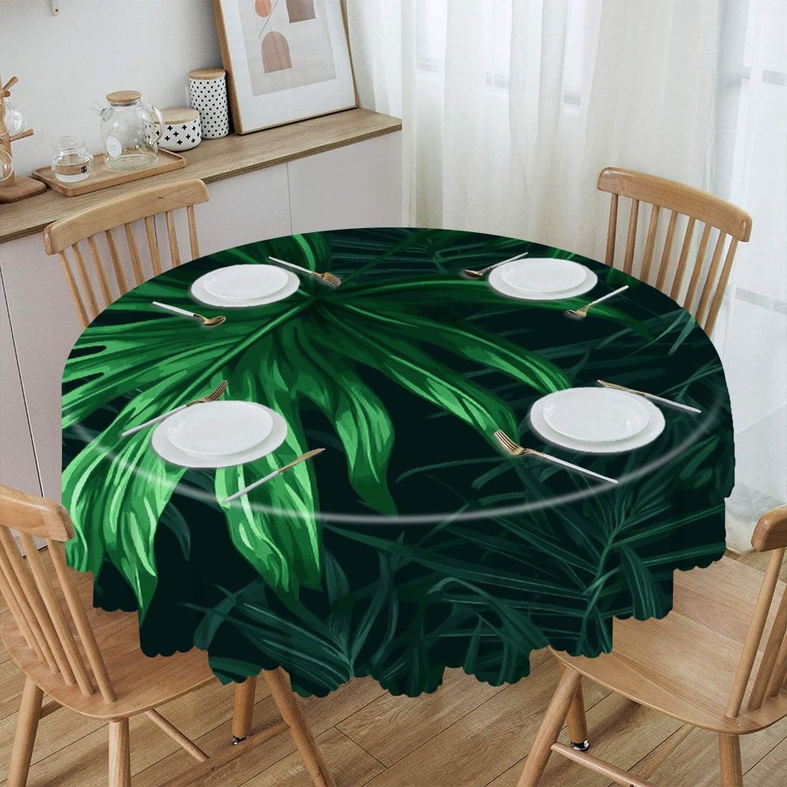 FekiLoot Green Tropical Jungle Plant Round Tablecloth 60 Inch Waterproof Heavy Duty Table Cloth Spillproof Washable Table Cover Wrinkle Resistant Tablecloths Decorative Table Cloths