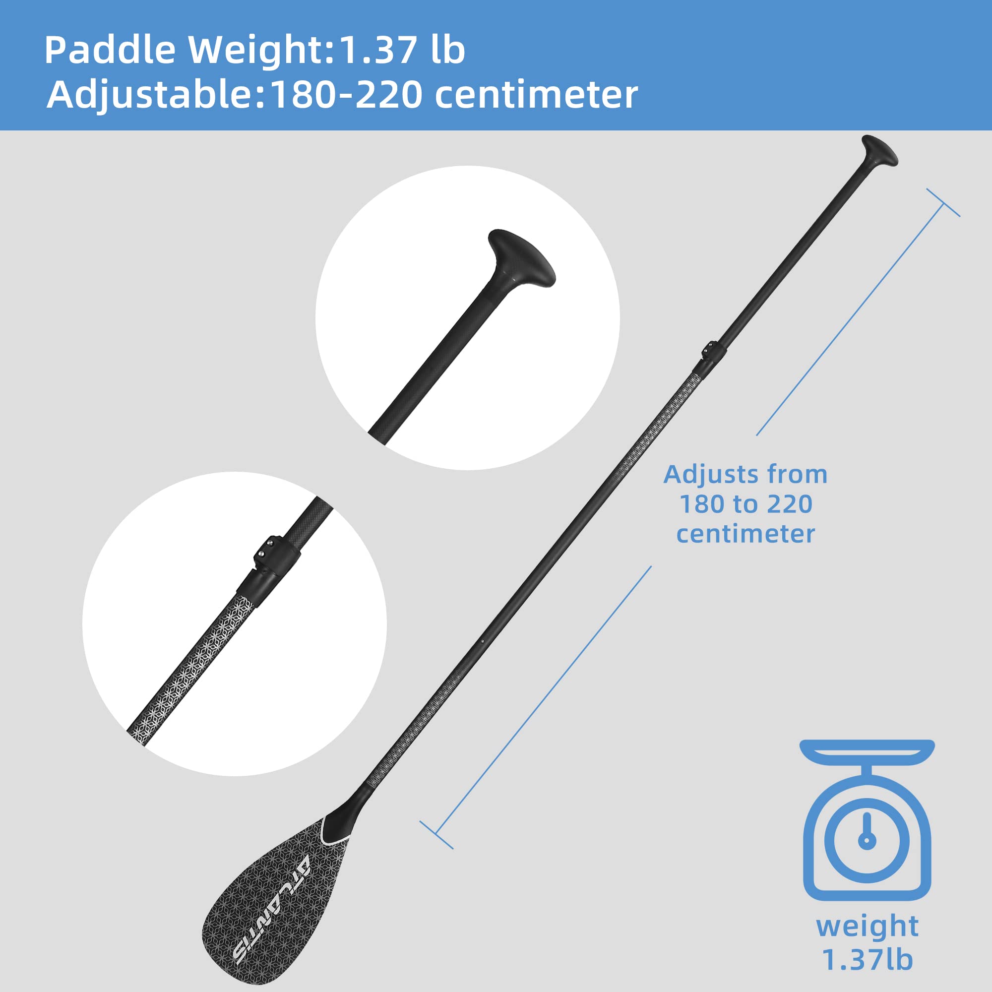 AQUBONA SUP-Paddel, 3 Stück, 100 % Kohlefaser, verstellbar, Stand-Up-Paddelboard, tragbar, langlebig, schwimmendes Paddelbrett, (F) (schwarz)