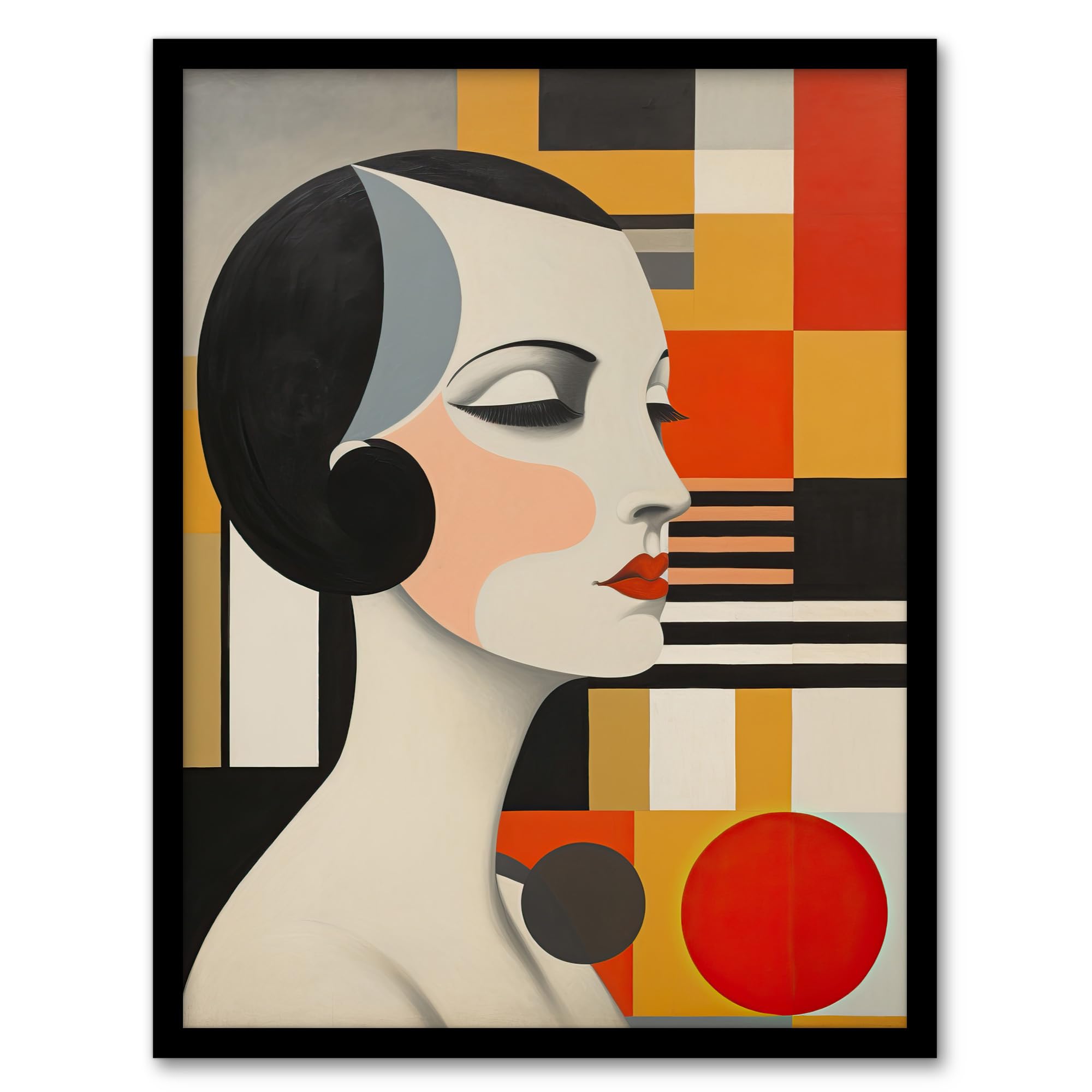 Wee Blue Coo Vintage Bauhaus 1920s Portrait Oil Painting Geometric Shapes and Elegant Lady Artwork Framed Wall Art Print A4