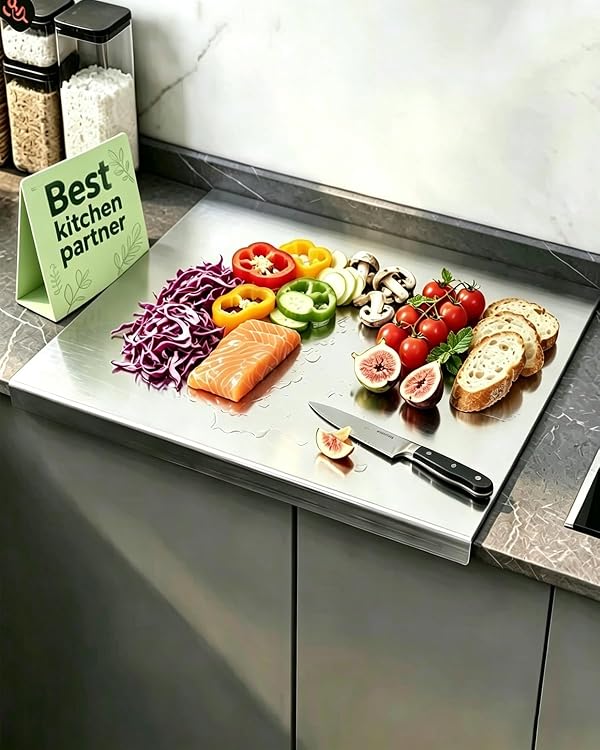 Wisechic Stainless Steel Cutting Board with Lip Chopping for Kitchen Titanium Metal Large Counter Top Countertop Stain Folded Edges 304 Set Over the Sink Double Sided L-Shape by Wisechic - Used condition - CA$54.31