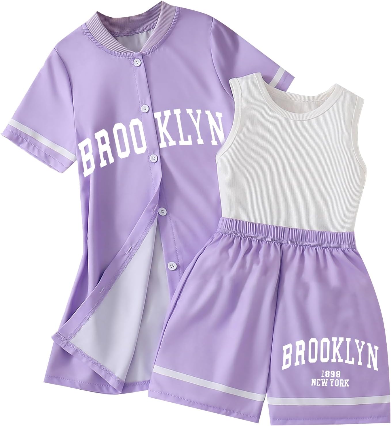 Hilinker Girls 3 Piece Outfits Graphic Tank and Short Sleeve Cardigan with Shorts Set