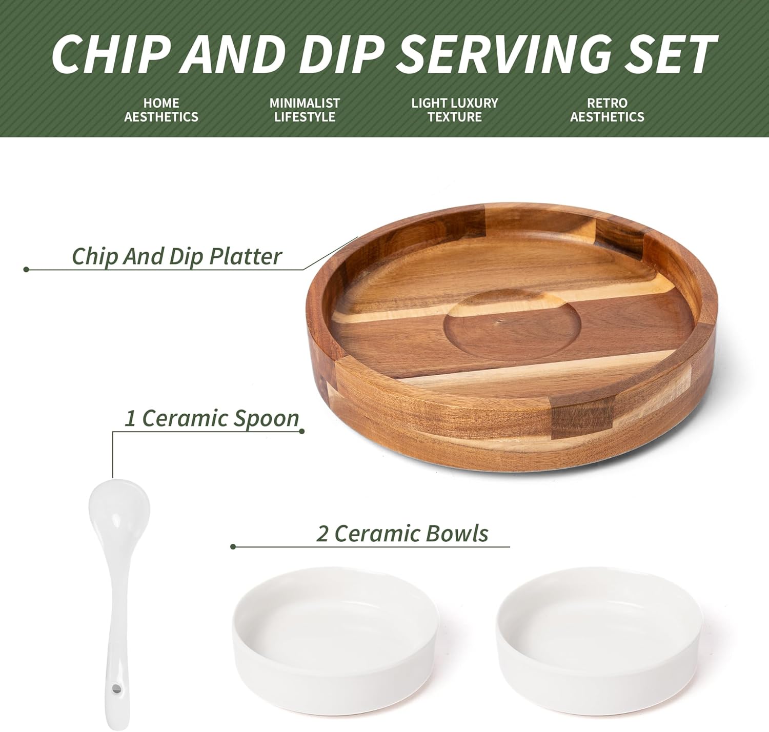 Defined Deco12in Serving Tray and Platters, Acacia Wood chip & dip Sets for Party, 360° Rotatable Serving Dishes for Chips and Dip, Fruit,Veggies, Candy and Snack, (Including 2X Dip Bowls, 1 Spoon)