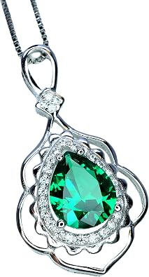 Large Emerald Necklace - 18KGP Sterling Silver - Flower Leaf Teardrop Emerald Jewelry- May Birthstone - Solitaire Halo Emerald Pendant