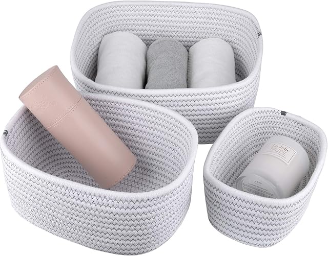 LA JOLIE MUSE Cotton Rope Woven Storage Basket Set of 3, Stackable Multipurpose Organizer Bins, White with Zig Zag Line Pattern