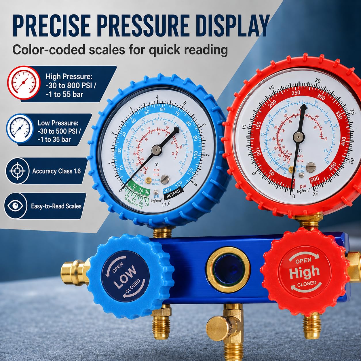 Set di Accessori per L'installazione del Climatizzatore con 2 Manometri, Attacco 1/4" e Tubi 1,5 M, per R134a, R22 e R410A