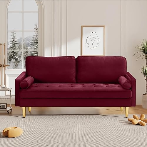 67" Modern Velvet Loveseat Sofa Couch, Mid-Century Tufted Upholstered Small Love Seat Couch with 2 Pillows & 4 Golden Legs, 2-Seats Couches for Compact Space, Living Room, Apartment (Burgundy)