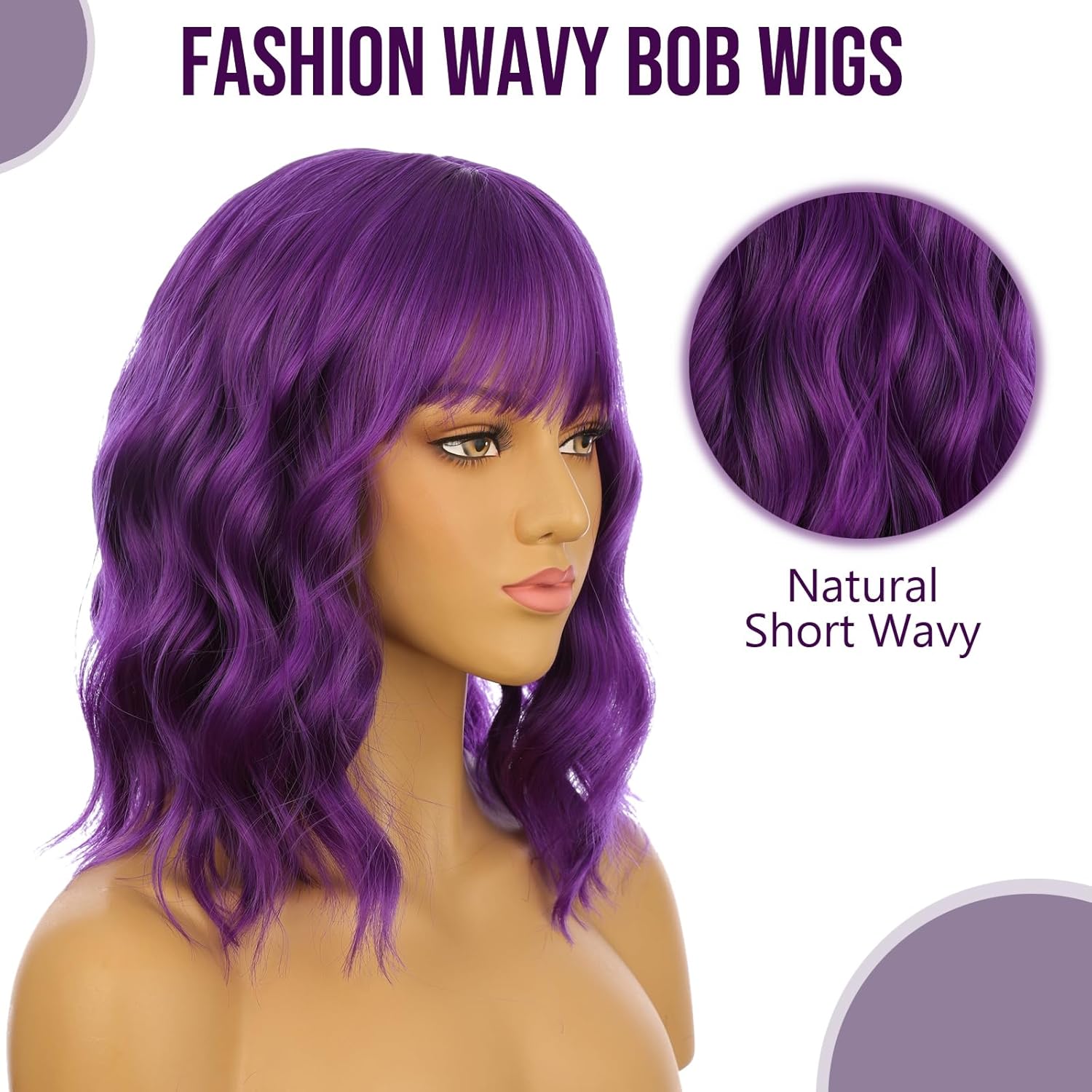 eNilecor Dark Purple Wig for Women,Short Wavy Curly Bob Hair Wig with Bangs,14" Natural Synthetic Party Costume Cosplay Halloween Colred colorful Color Fun Neon Funny Wigs For Women