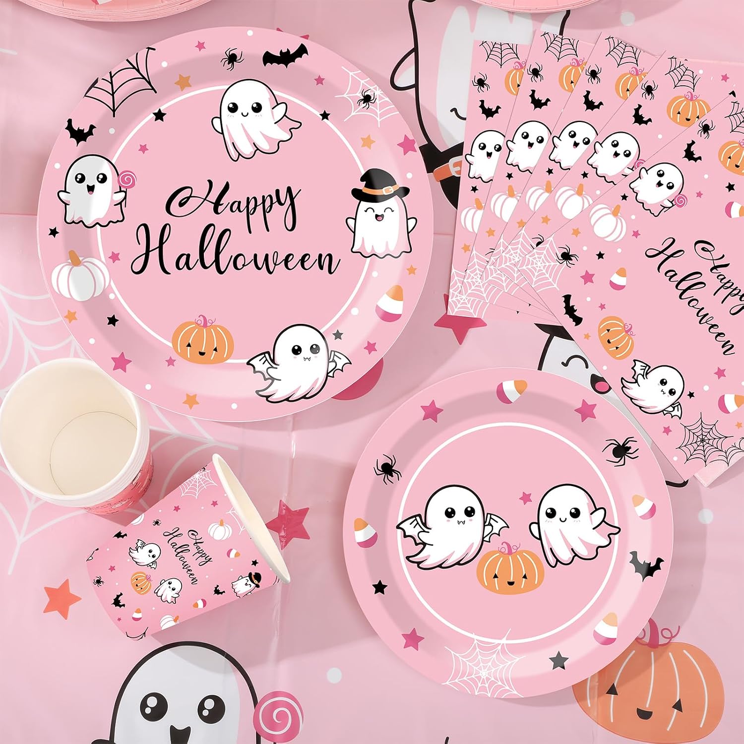 LemonRoad 246 Pcs Happy Halloween Boo Day Party Decorations Serves 24 Pink Halloween Party Supplies with Paper Plates Napkins Cups Plastic Tablecloth Cutlery Set Spooky Tableware Set for Girl Birthday