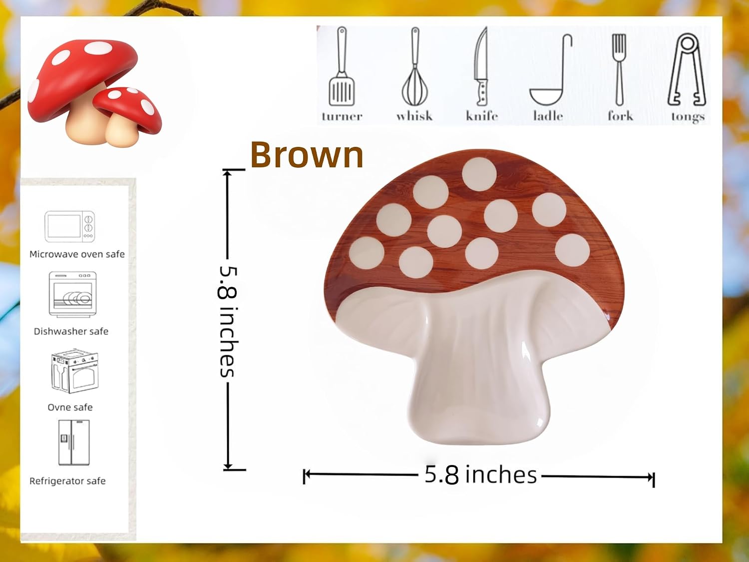 Ceramic Spoon Rest for Stove Top & Kitchen Counter Spoon Holder for Stove & Cooking Spoon Holder for Ladle Cute Spoon & Utensil Rest Spatula Rest, Mushroom Kitchen Decor & Accessories (Rustic Brown) image 4