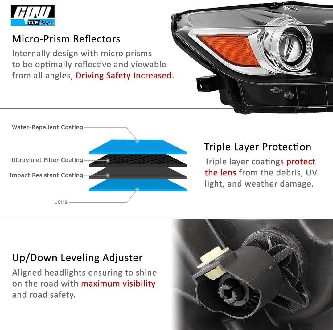 CPW Headlights Compatible with 2015 2016 2017 Ford Mustang 2016-2017 Ford Shelby GT350 2020-2021 Ford Shelby GT500 Replacement Headlights Headlamps Set