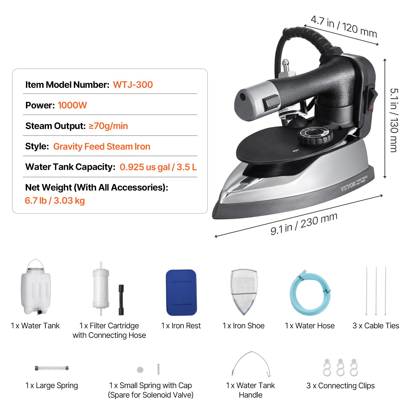 VEVOR Gravity Feed Steam Iron, 1000W Gravity Feed Iron with 3.5 L Large Capacity Tank, Demineralizer Cartridges, Non-Stick Ironing Shoe, 5 Temperature Settings, Industrial Electric Steam for Ironing — view 7