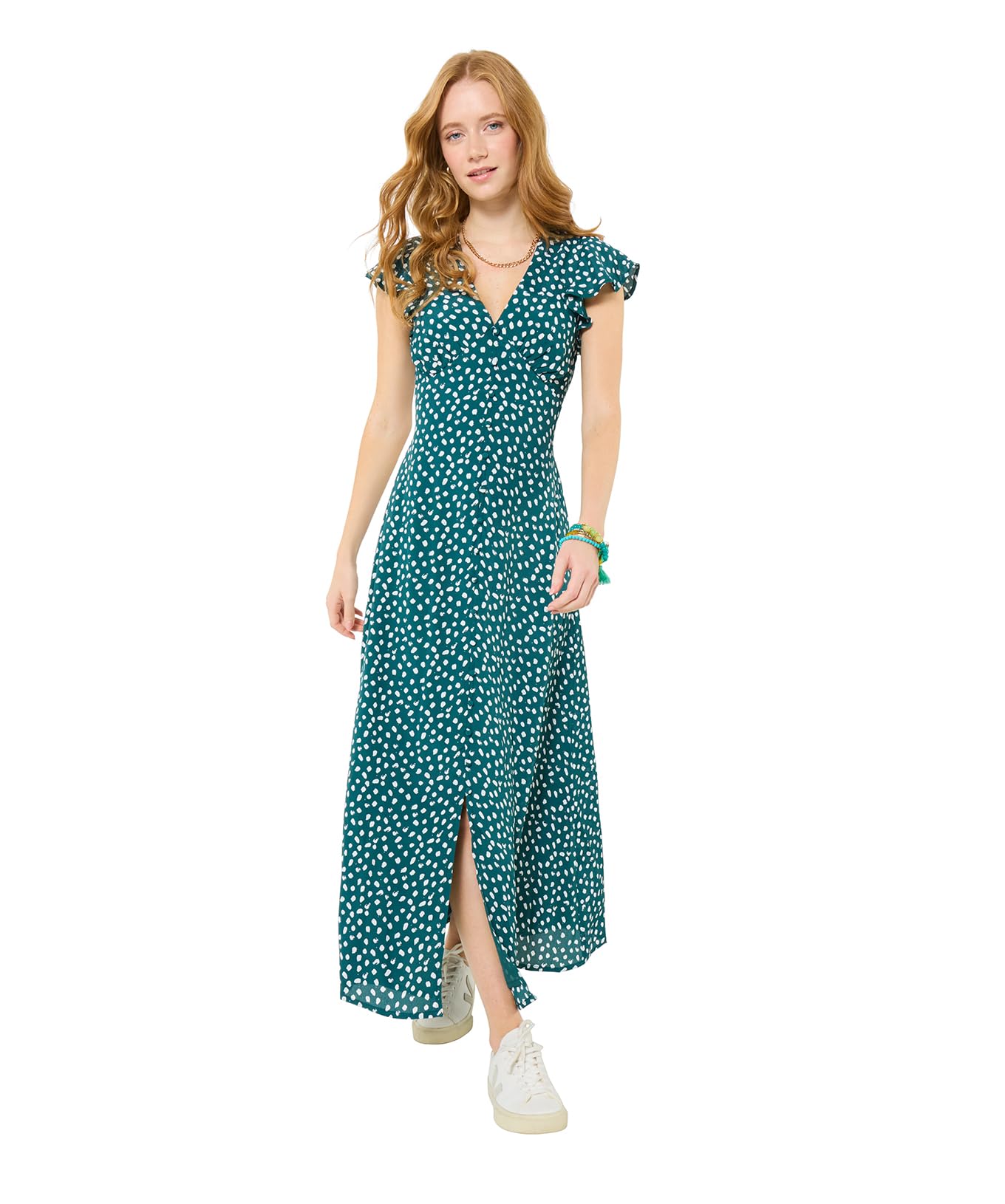 Joe Browns Women's V Neck Floaty Sleeve Polka Dot Dress, Slim, Green, UK 16 (Petite)
