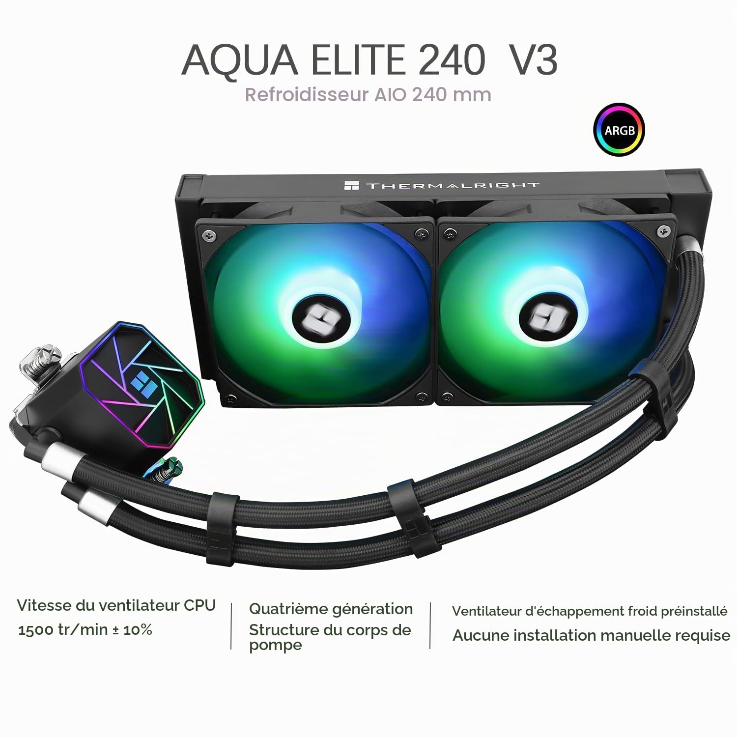 TR-Thermalright Aqua Elite 240 V3 Refroidissement par eau pour CPU complet 240mm Aio pour PC, ventilateur de refroidissement ARGB 120mm, Compatible avec AM5/AM4, LGA1851/1700/115X/1200, Noir