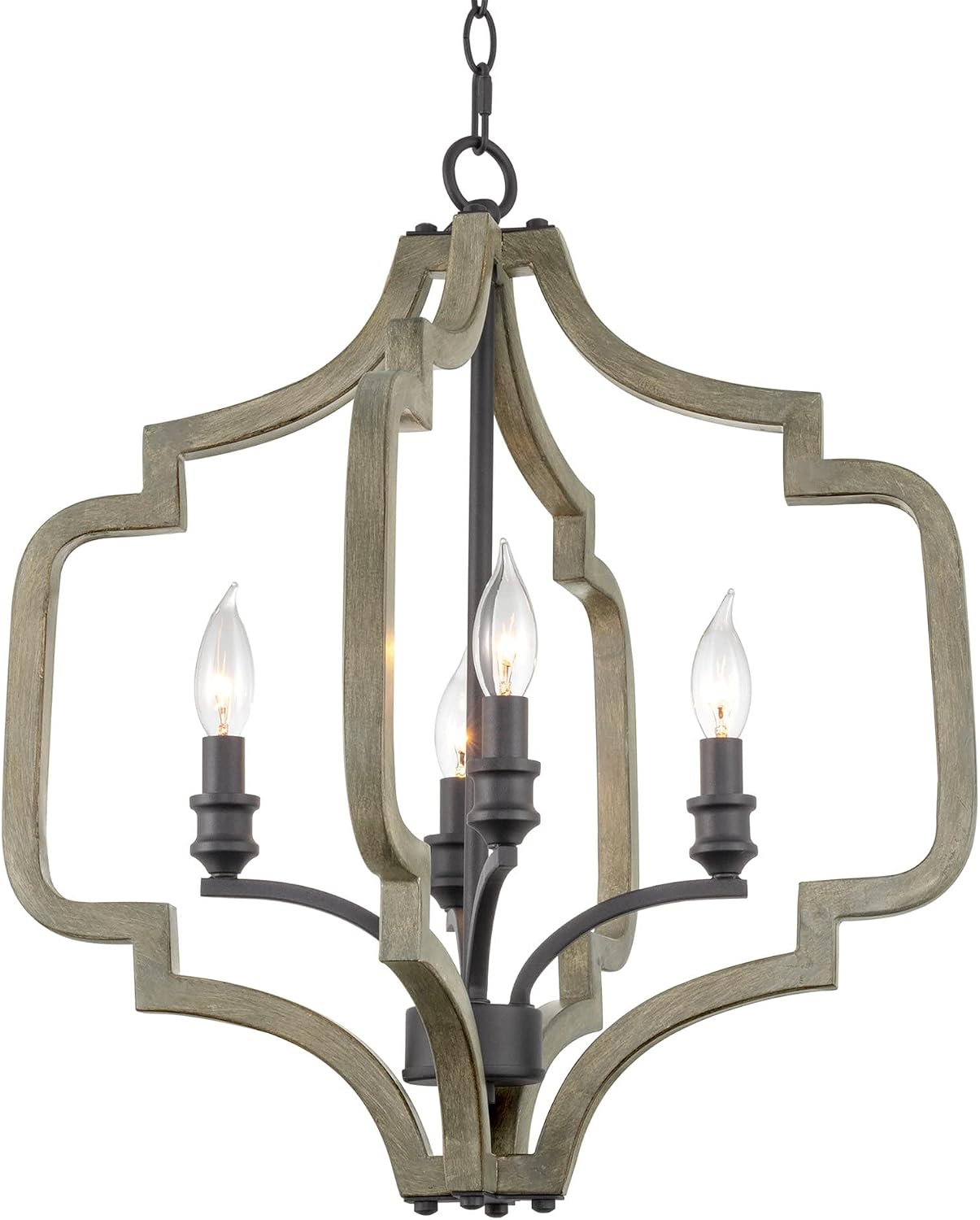 Kira Home Atwood 23" 4-Light Farmhouse Pendant Light Chandelier, Open Design, Gray Oak Wood Finish + Sandblasted Black Finish