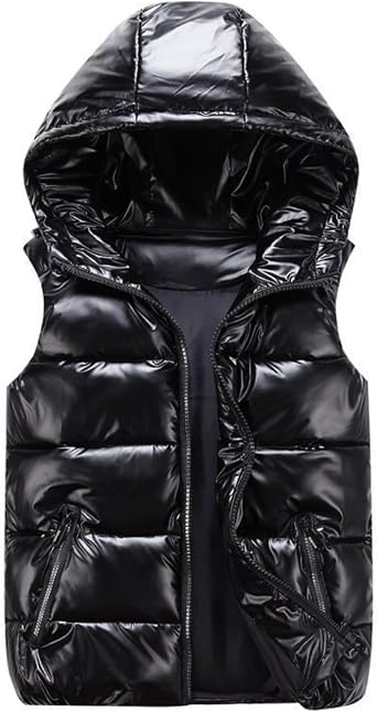 FindThy Womens Shiny Puffer Down Vest Quilted Zip Up Hat Collar Pocketed Sleeveless Jacket
