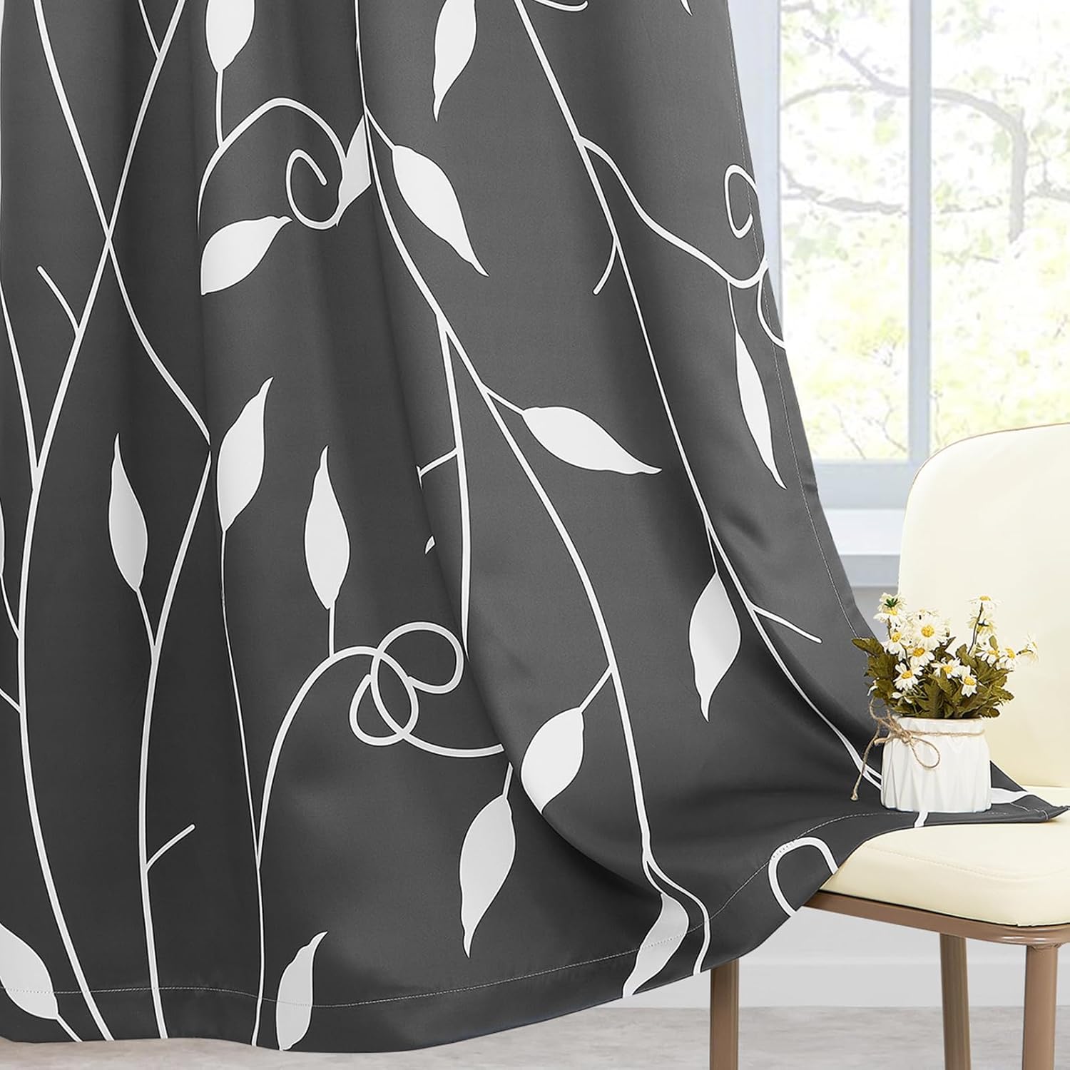 Grey Blackout Curtains for Bedroom, Leaf Print Window Curtains 84 Inches Length 2 Panels Set Noise Reducing Thermal Insulated Window Drapes for Living Room,52" W x 84" L