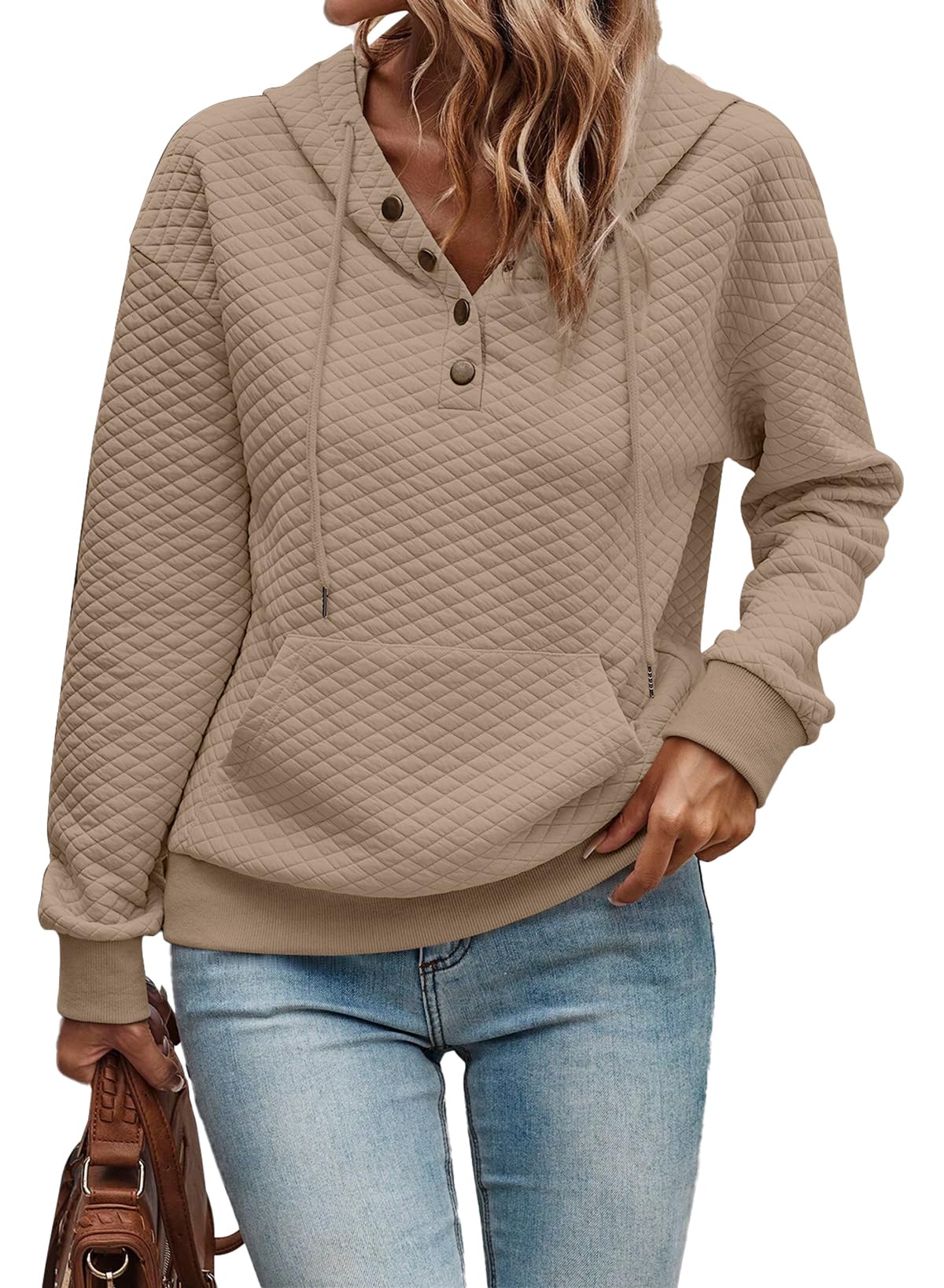 Dokotoo Hoodie Damen Kapuzenpullover Knopfleiste Steppmuster Pullover Herbst Winter Langarm Sweatshirt Oberteile Hoody mit Kapuze S-XXL