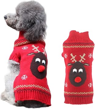 Dog Christmas Sweater Ugly Xmas Puppy Clothes Costume Warm Knitted Cat Outfit Jumper Cute Reindeer Pet Clothing for Small Medium Large Dogs CatsM,Red