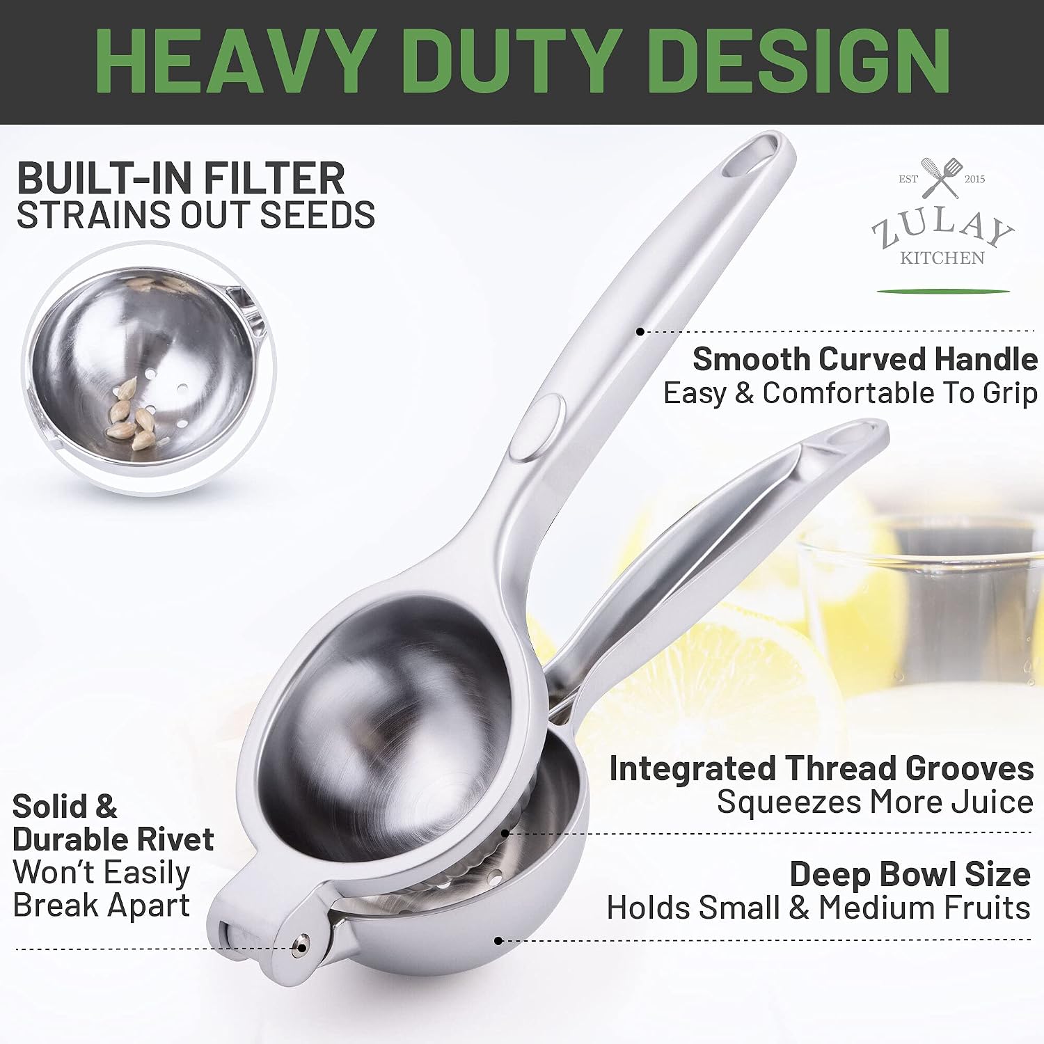 Zulay Kitchen Handheld Lemon Squeezer - Heavy Duty Citrus Juicer & Lemon Juicer Hand Press With Curved Handle - Manual Lemon Lime Squeezer & Metal Citrus Squeezer For Extracting Juices (Silver)