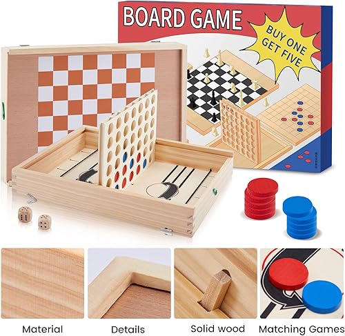 Miniatura 6 de Kaas Juego de ajedrez y damas de madera 5 en 1 para niños y adultos, ajedrez, damas, juego de disco, juego de cierre de caja, juego de cuatro en