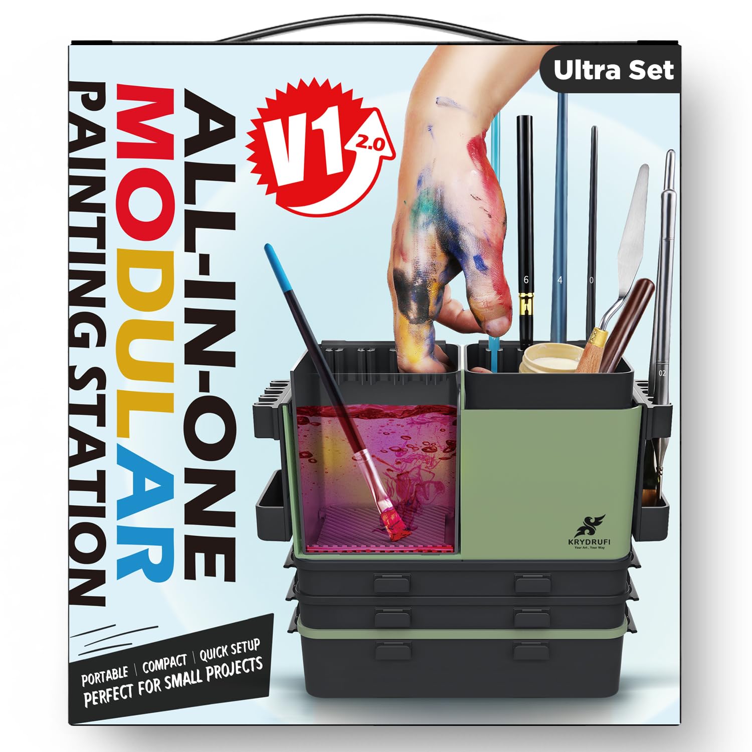 Estación de pintura modular portátil todo en uno con limpiador de pinceles y soportes, bandeja de paleta de pintura húmeda con tapa para pintura en miniatura y pinturas acrílicas (Ultra Set)