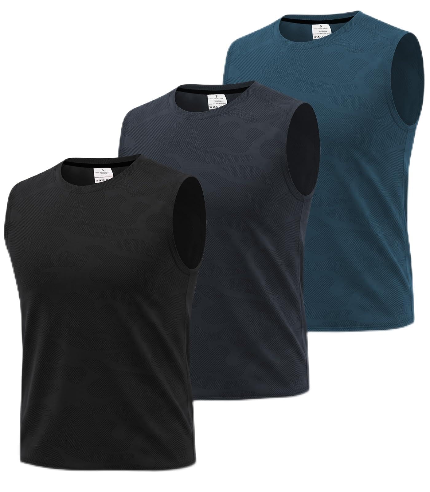 Superora Paquete de 3 chalecos deportivos para hombre, sin mangas, de secado rápido, para correr, entrenamiento, malla transpirable con patrón de camuflaje jacquard