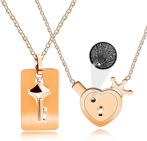 Couple Necklace Set with 100 Languages “I Love You” Projection, Customizable Stainless Steel Heart Lock and Key Matching Necklaces, Romantic Valentine’s Day Jewelry for Couples