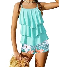 Girls Tankini Swimsuit 2 Piece Tiered Ruffle Bathing Suit Teen Girl Swimsuit 6-14Y