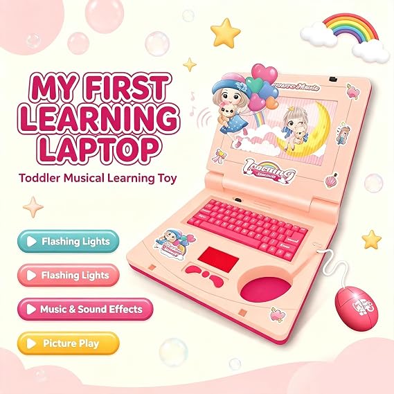 Interactive Toy Laptop, Featuring Lights, Sounds Educational Games, Fostering Creativity & Motor Skills Through Play, Simulated Laptop Learning Toy, Pretend Computer Toy with Keyboard Mouse, Pink