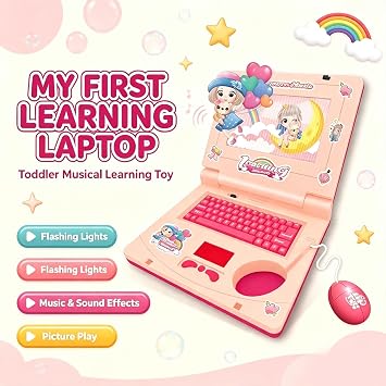 Interactive Toy Laptop, Featuring Lights, Sounds Educational Games, Fostering Creativity & Motor Skills Through Play, Simulated Laptop Learning Toy, Pretend Computer Toy with Keyboard Mouse, Pink