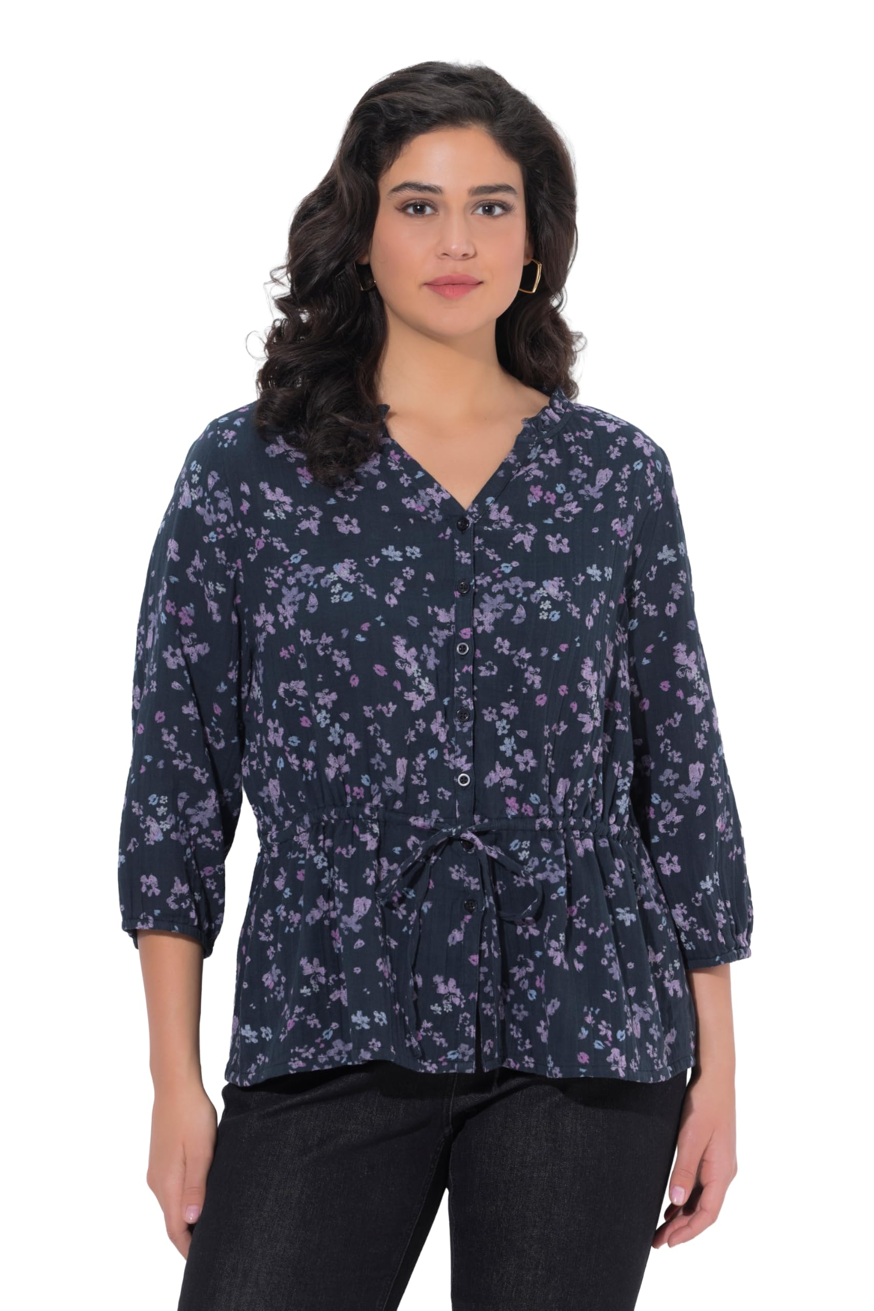 Ulla Popken Damen große Größen Übergrößen Plus Size Musselinbluse, Blüten, A-Linie, V-Ausschnitt, 3/4-Arm 846142