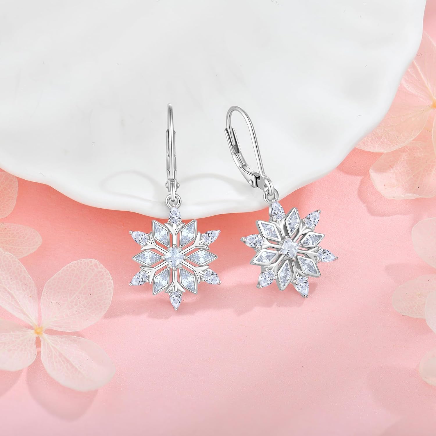 925 Sterling Silver Snowflake Earrings for Women Christmas Birthstone(White/Aquamarine/Sapphire/Pink) Leverback Earrings Cubic Zirconia Dangle Drop Earrings Winter Jewelry - Image 2