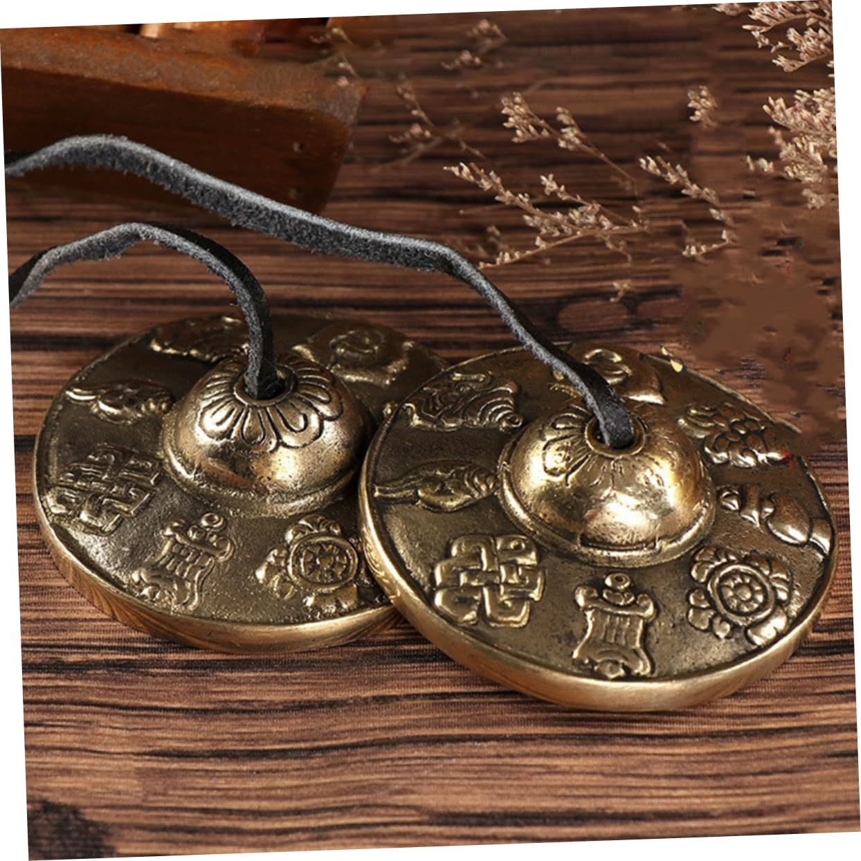 Cimbali in Rame Dorato per Meditazione e Rituali Motivi Vintage di Buon Auspicio, Strumenti Percussivi Etnici per Benedizione ed Esorcismo