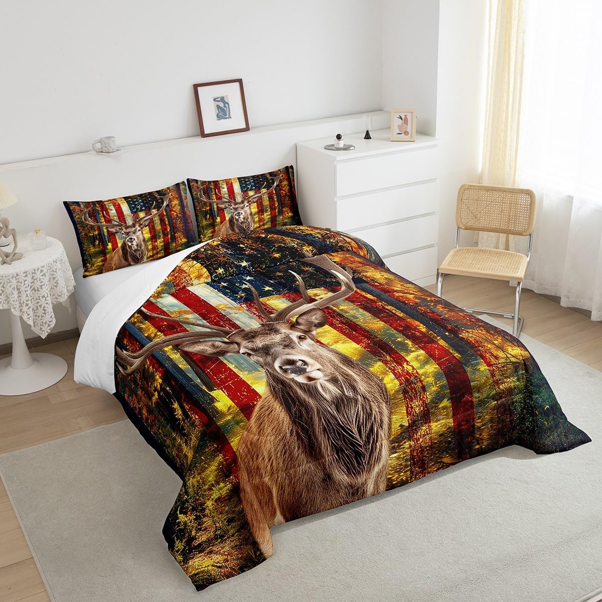 Erosebridal 3D Deer Duvet Set Elk Antlers Bedding Set Twin Size Animals Print Comforter Set American Flag Quilt Set Room Decorative Retro Comforter Set