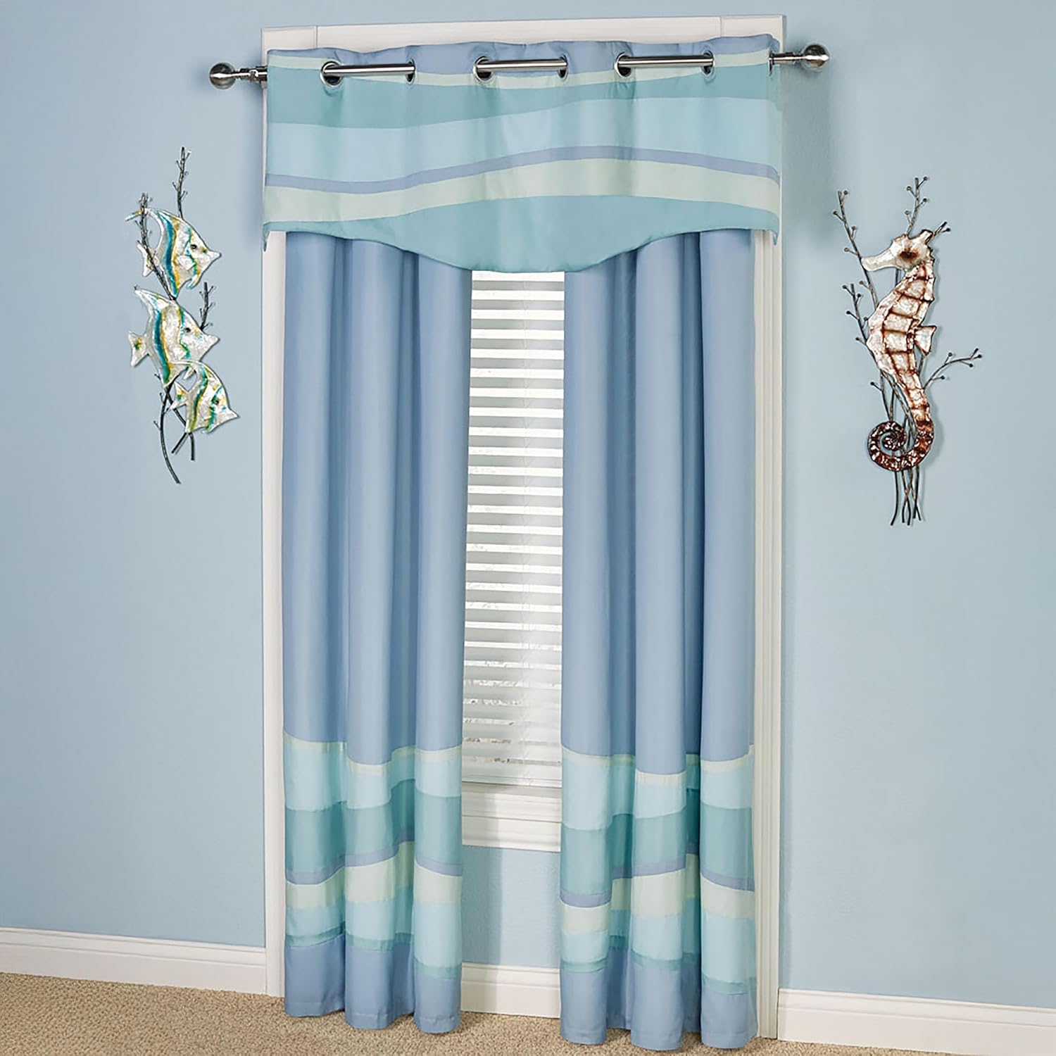 Ocean Tides II Lined Window Treatments | Coastal Cool-Hued Abstract Wave Bands | Machine Washable Polyester Microfiber Window Ensemble | Grommet Top Drapery Set Includes Valance & 84L Curtain Pair