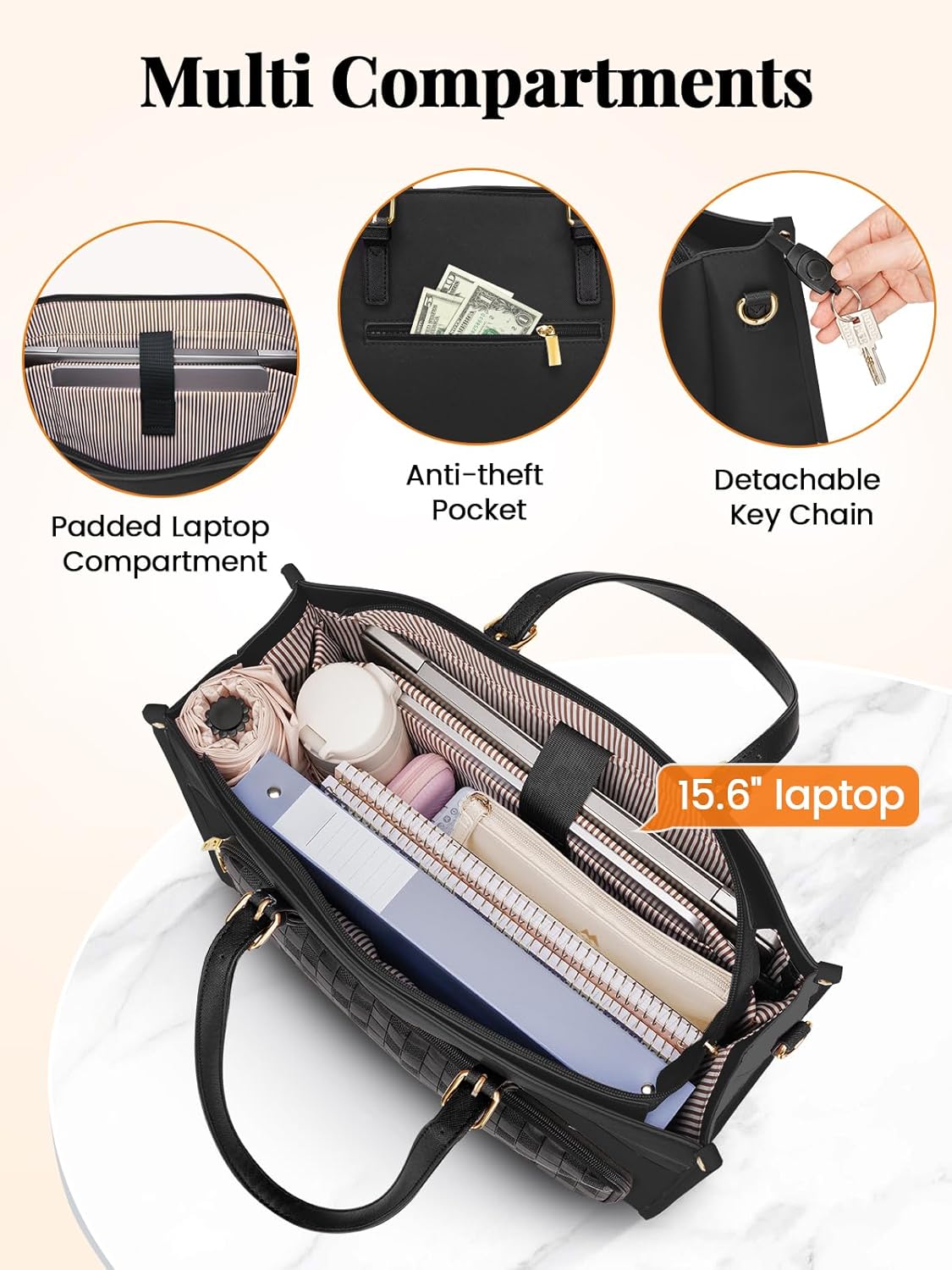 MATEIN Work Tote Bag with Lunch Compartment, Water Resistant 15.6 inch Laptop Handbag with Clutch Purse, Large Women Shoulder Bag with Lunch Box for Business, Office, Daily Use, 2 Sets, Black - Image 5