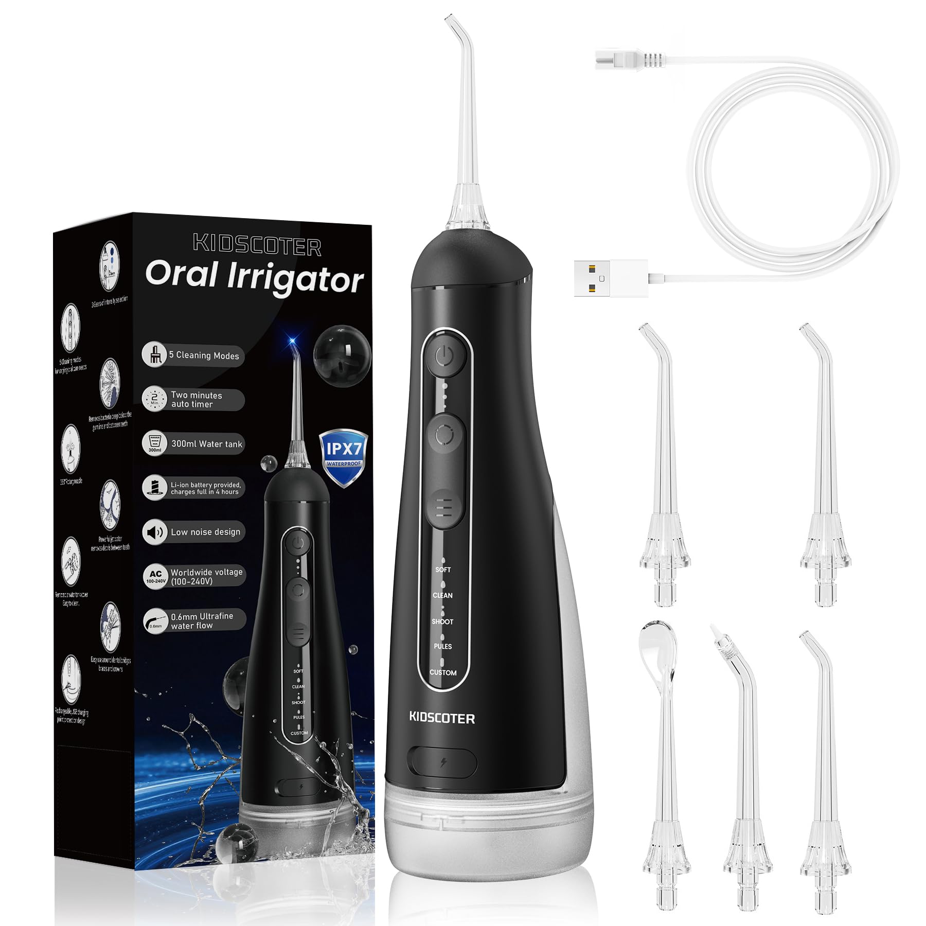 Idropulsore senza fili per la pulizia dei denti - Irrigatore dentale elettrico con 4 modalità di pulizia e 8 punte a getto, impermeabile IPX7, design ricaricabile portatile per uso domestico e in