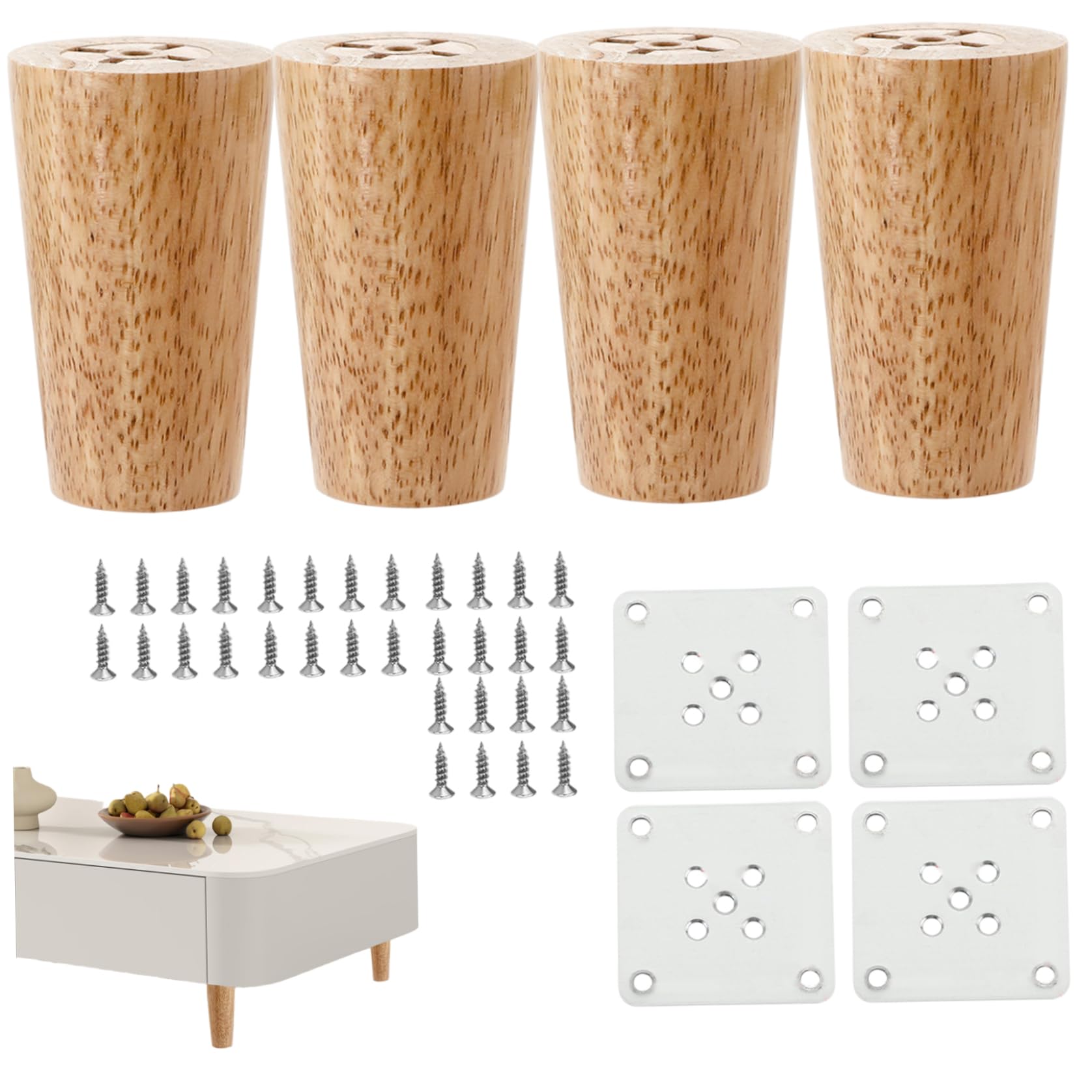 4Pcs 3.15 Inch Strong Load-Bearing Round Cylinder Wooden Furniture Legs with Mounting Plates & Screws for Sofa, Cabinet, Couch, Bed, Dresser, Chair