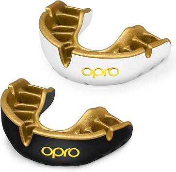 OPRO Gold Level Mouth Guard Moldable Mouthguard with Superior Comfort, Fit, Multi-Layer Protection for Boxing, MMA, BJJ, Football Mouthpiece Includes Mouth Guard Case Adult, White/Gold