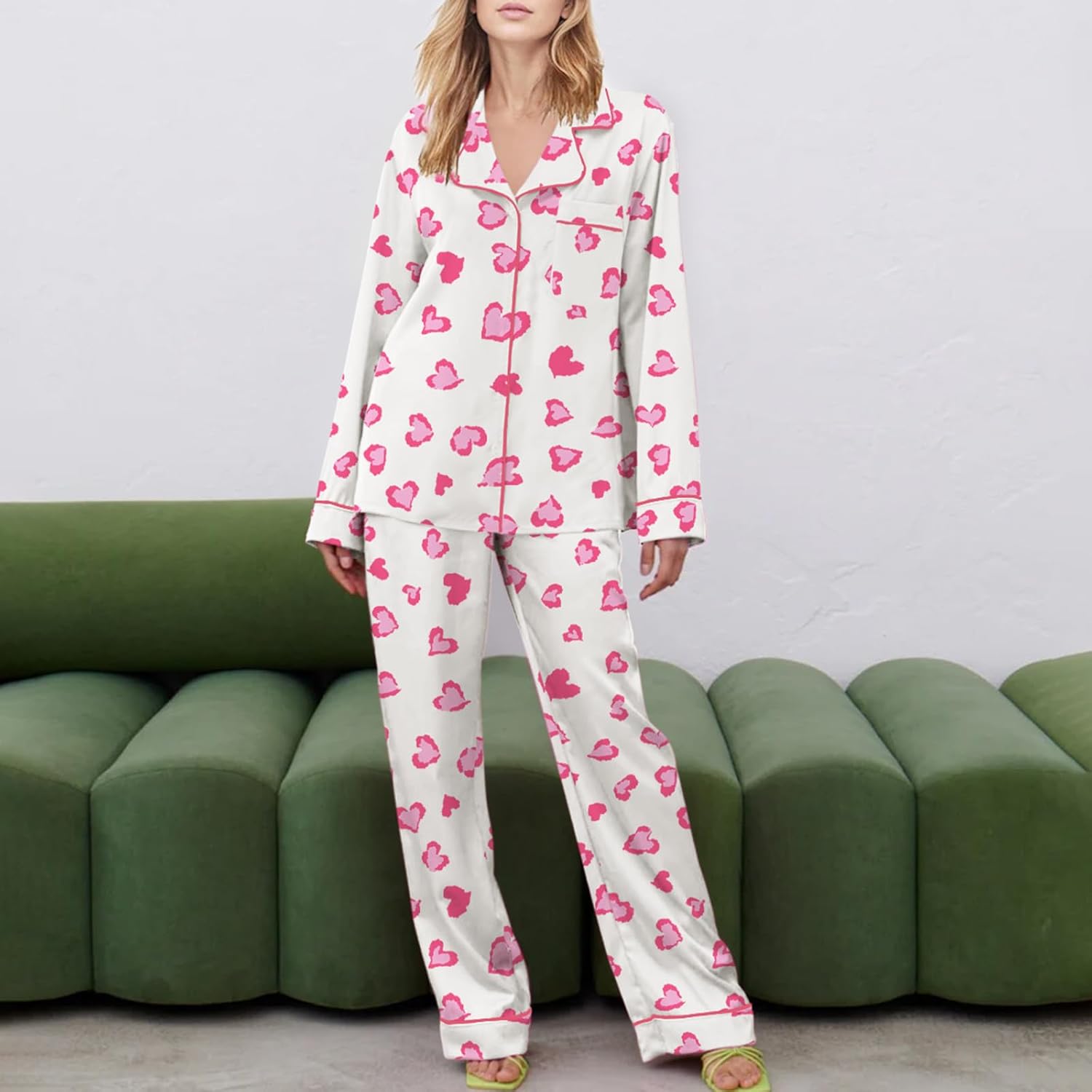 Women Heart Print Pajamas Set Satin Silky Pjs Long Sleeve Button-Down Sleepwear Soft Comfy Loungewear - Image 2